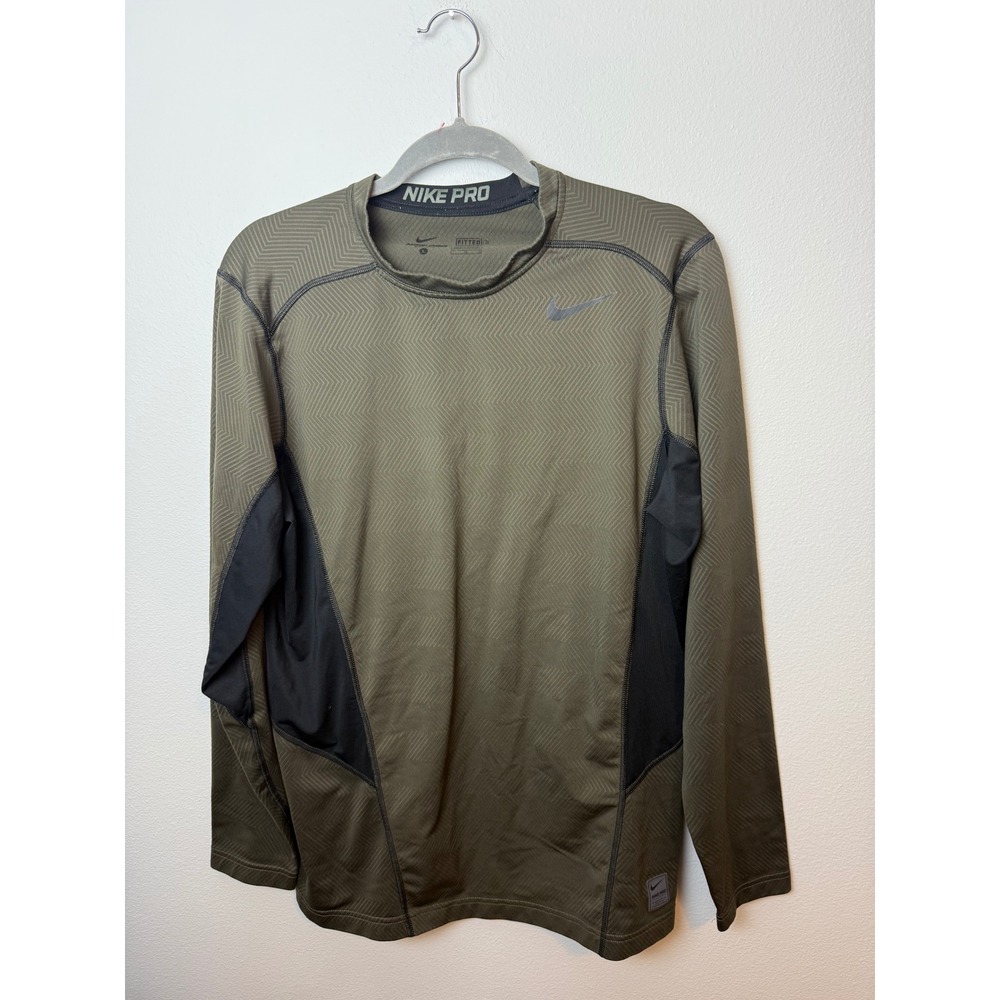Nike Pro Dri-FIT Mens Long‎ Sleeve Fitted Training Shirt Olive Green Black Large